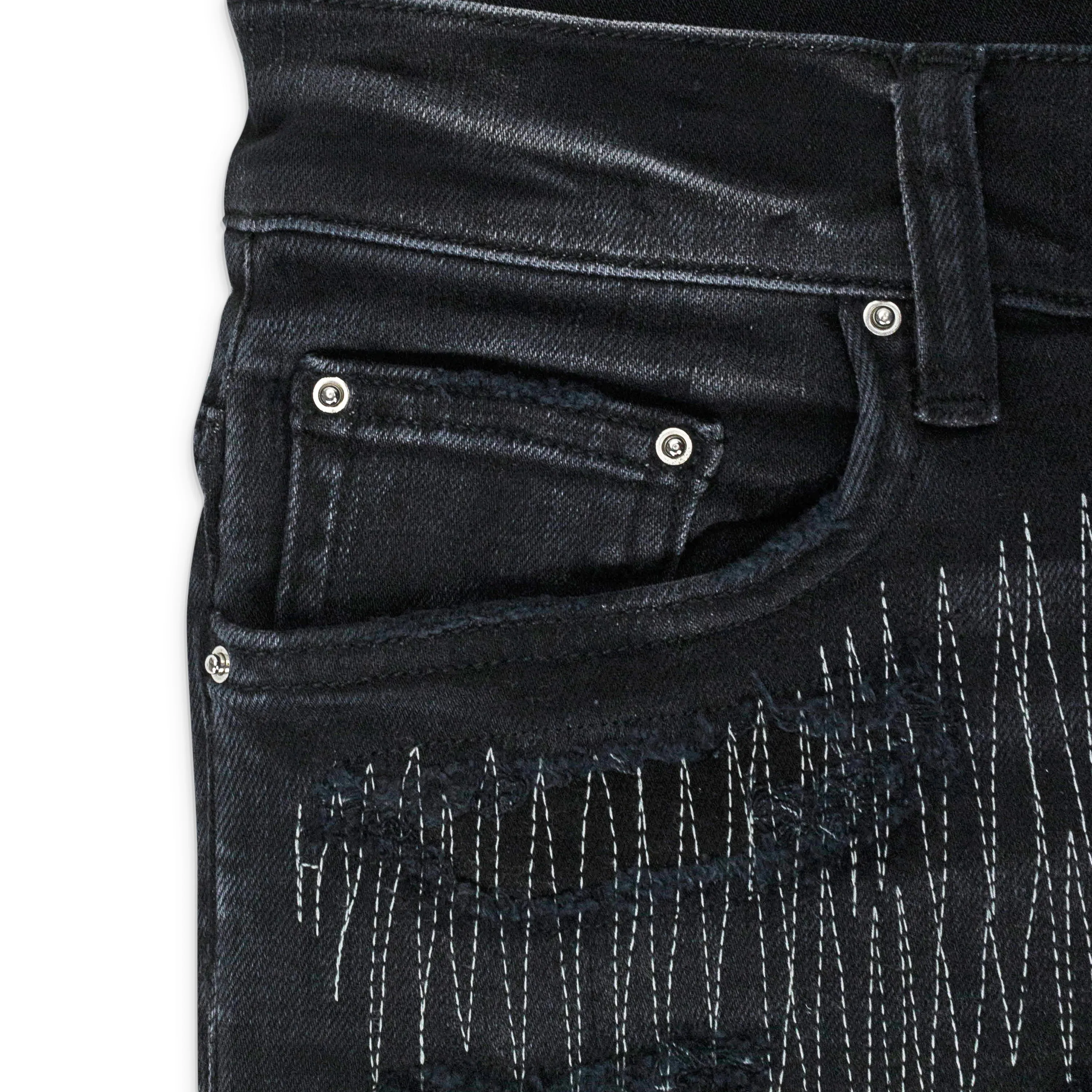 ALL OVER REPAIR AGED BLACK JEANS