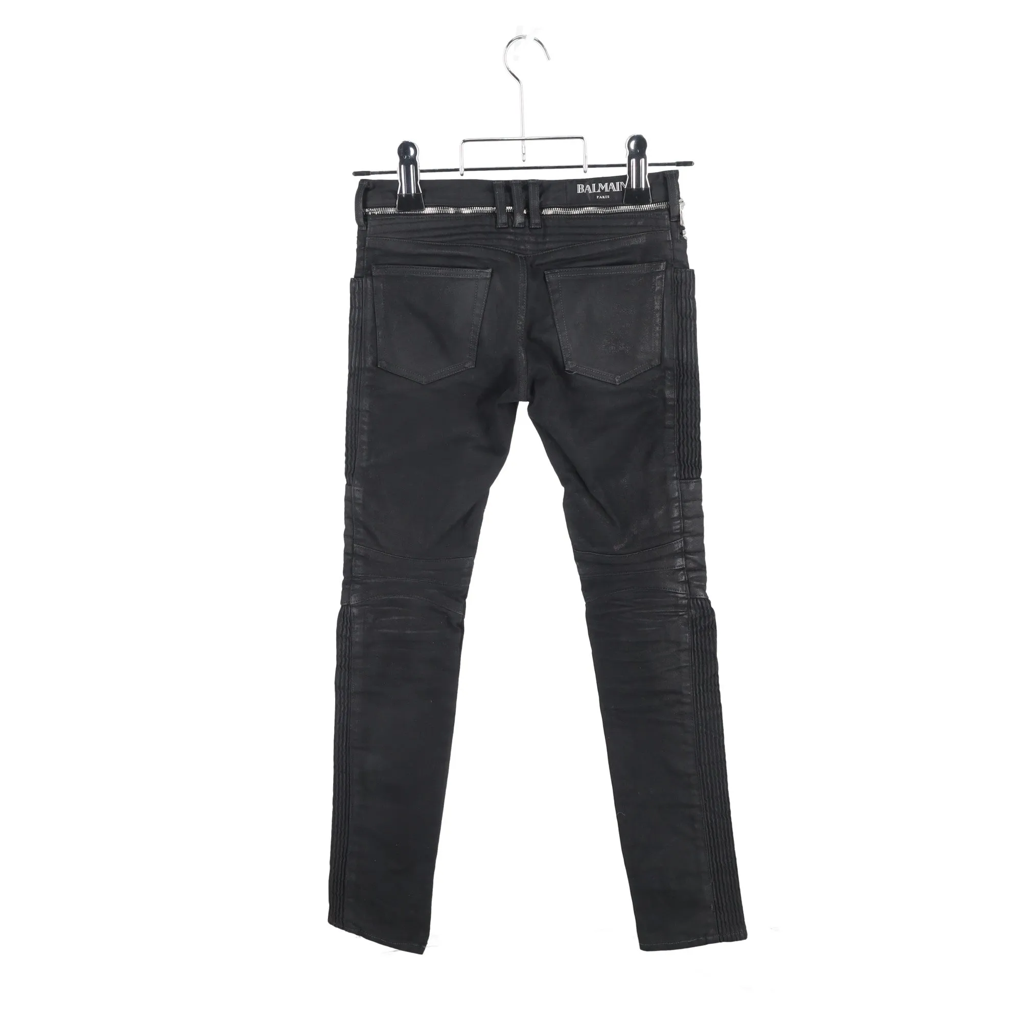 Balmain Waxed Slim-Fit Biker Jeans in Black Cotton Denim