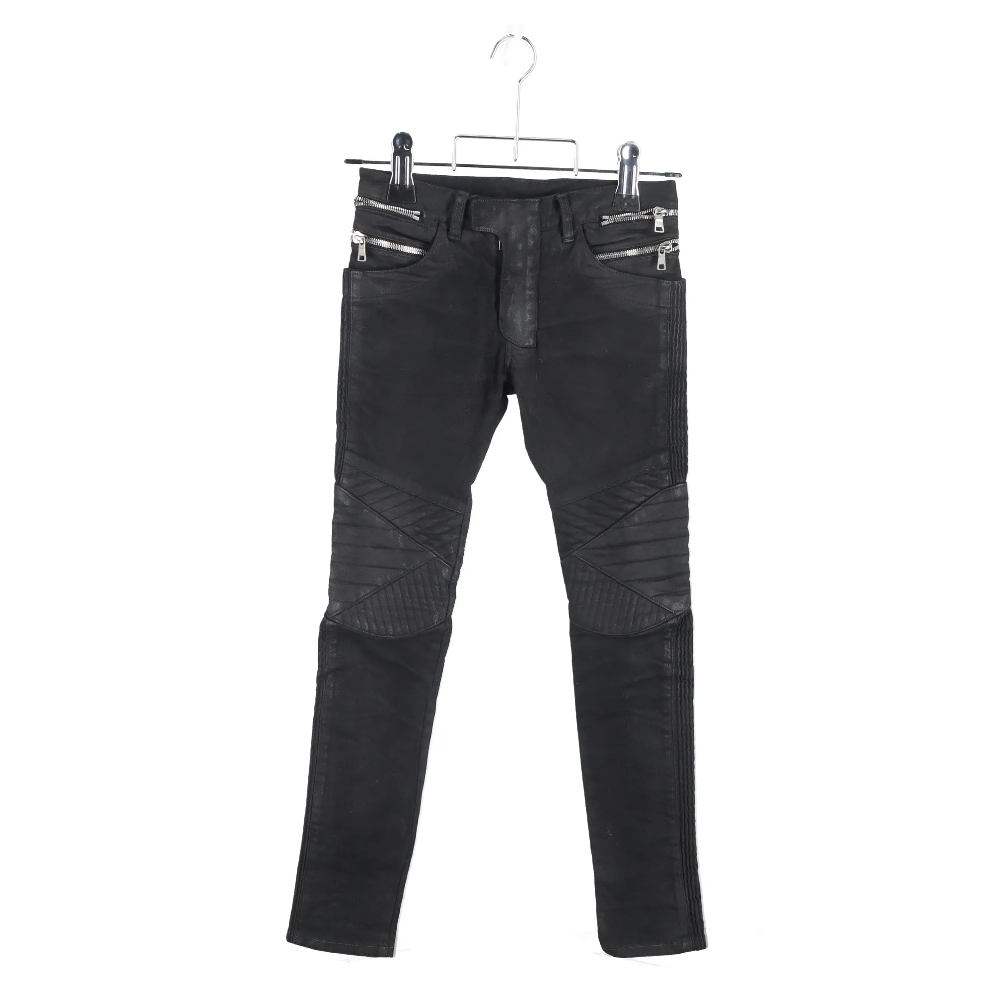 Balmain Waxed Slim-Fit Biker Jeans in Black Cotton Denim