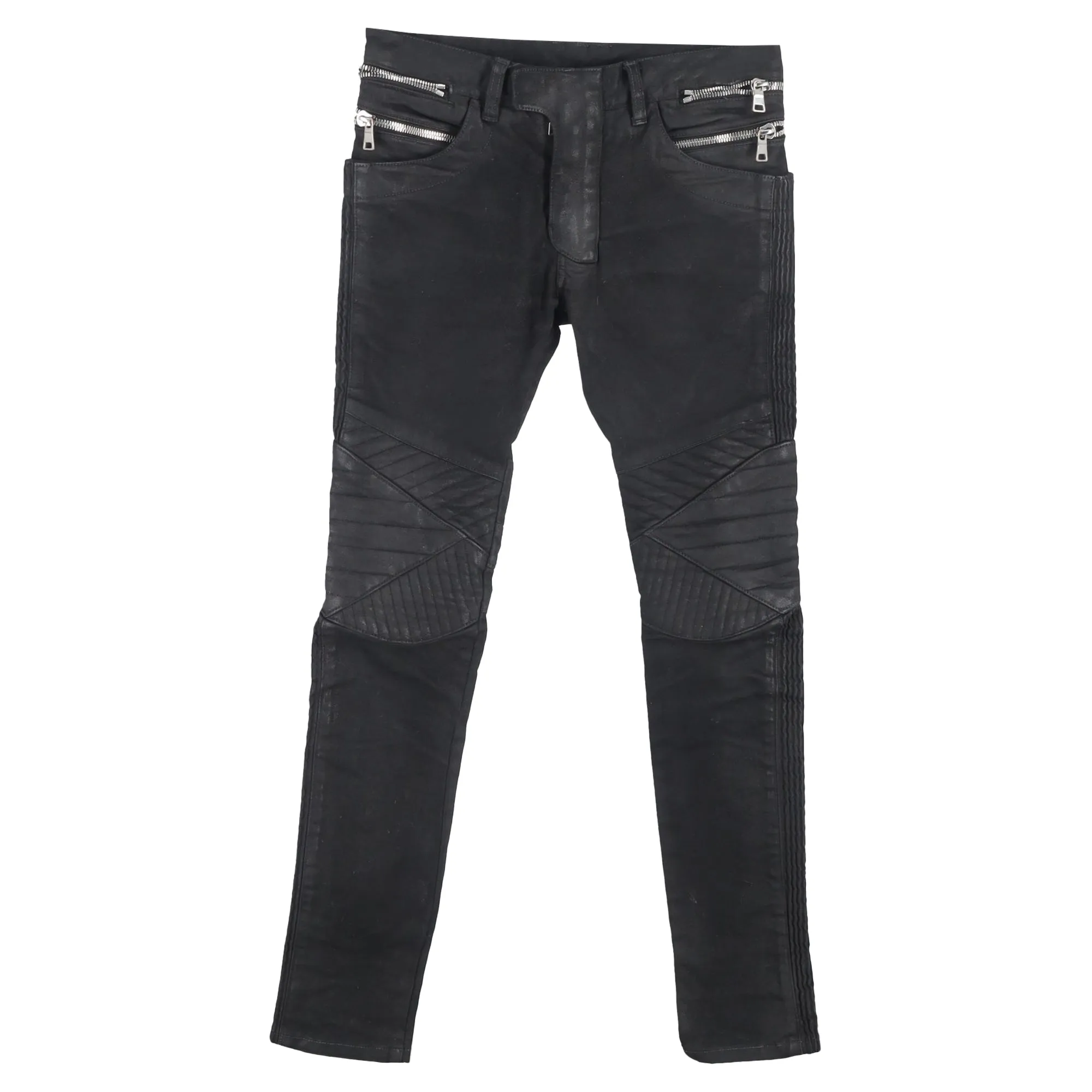 Balmain Waxed Slim-Fit Biker Jeans in Black Cotton Denim