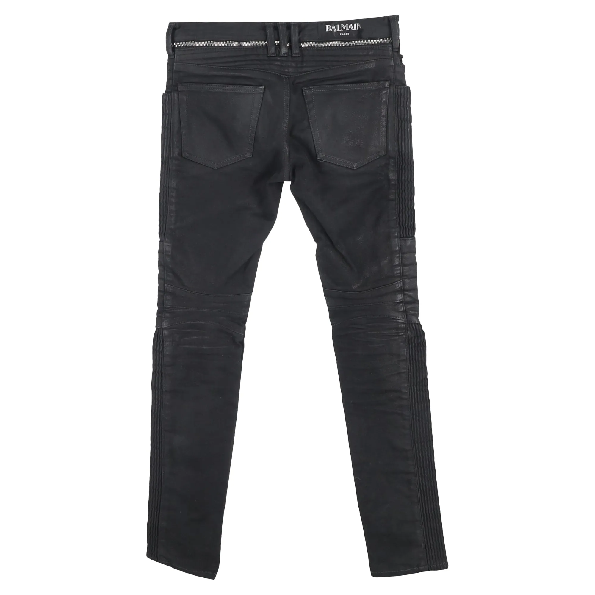 Balmain Waxed Slim-Fit Biker Jeans in Black Cotton Denim