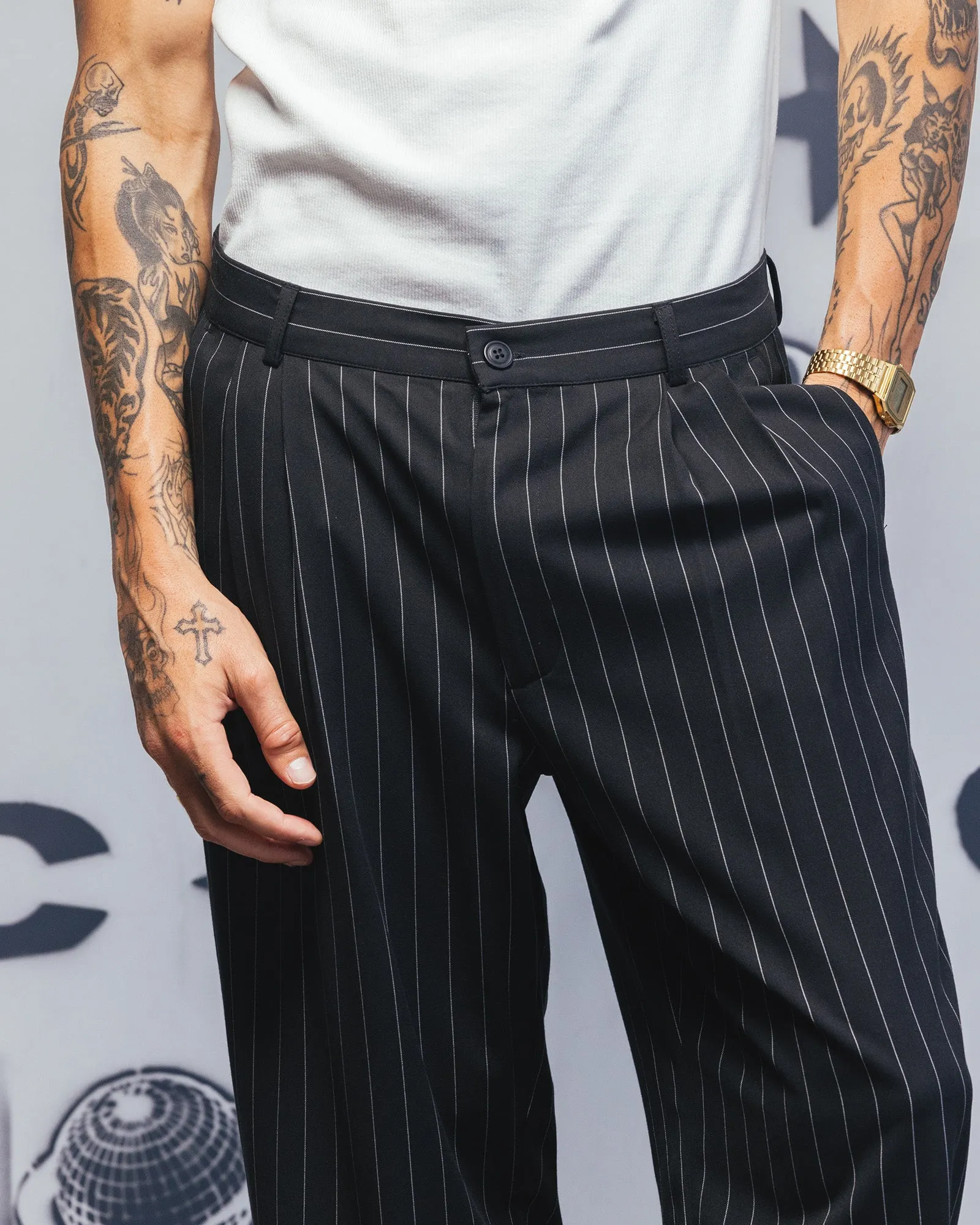Carre Atlas Wide Leg Pants Black Pinstripe