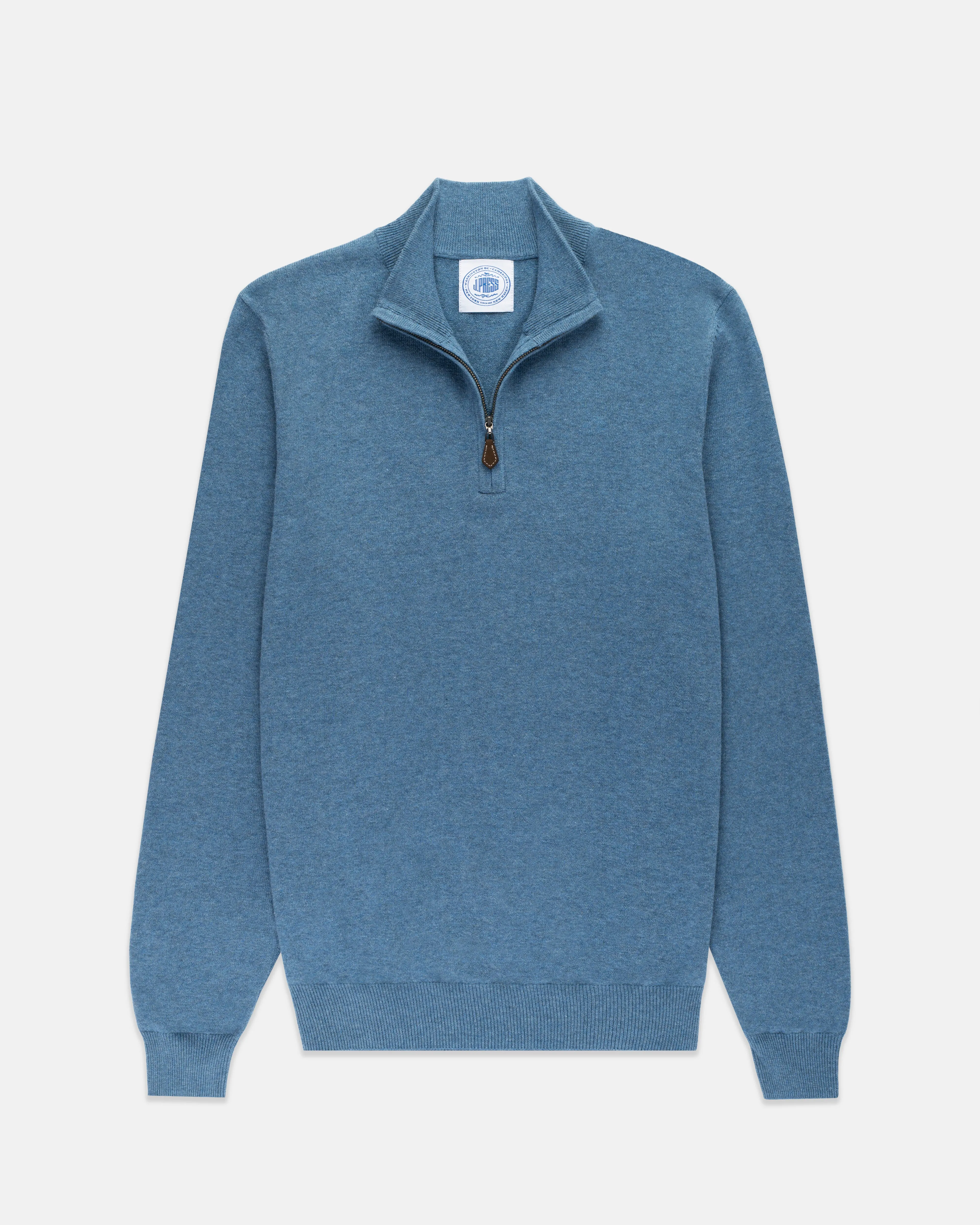 COTTON CASHMERE QUARTER ZIP UP - BLUE MARL