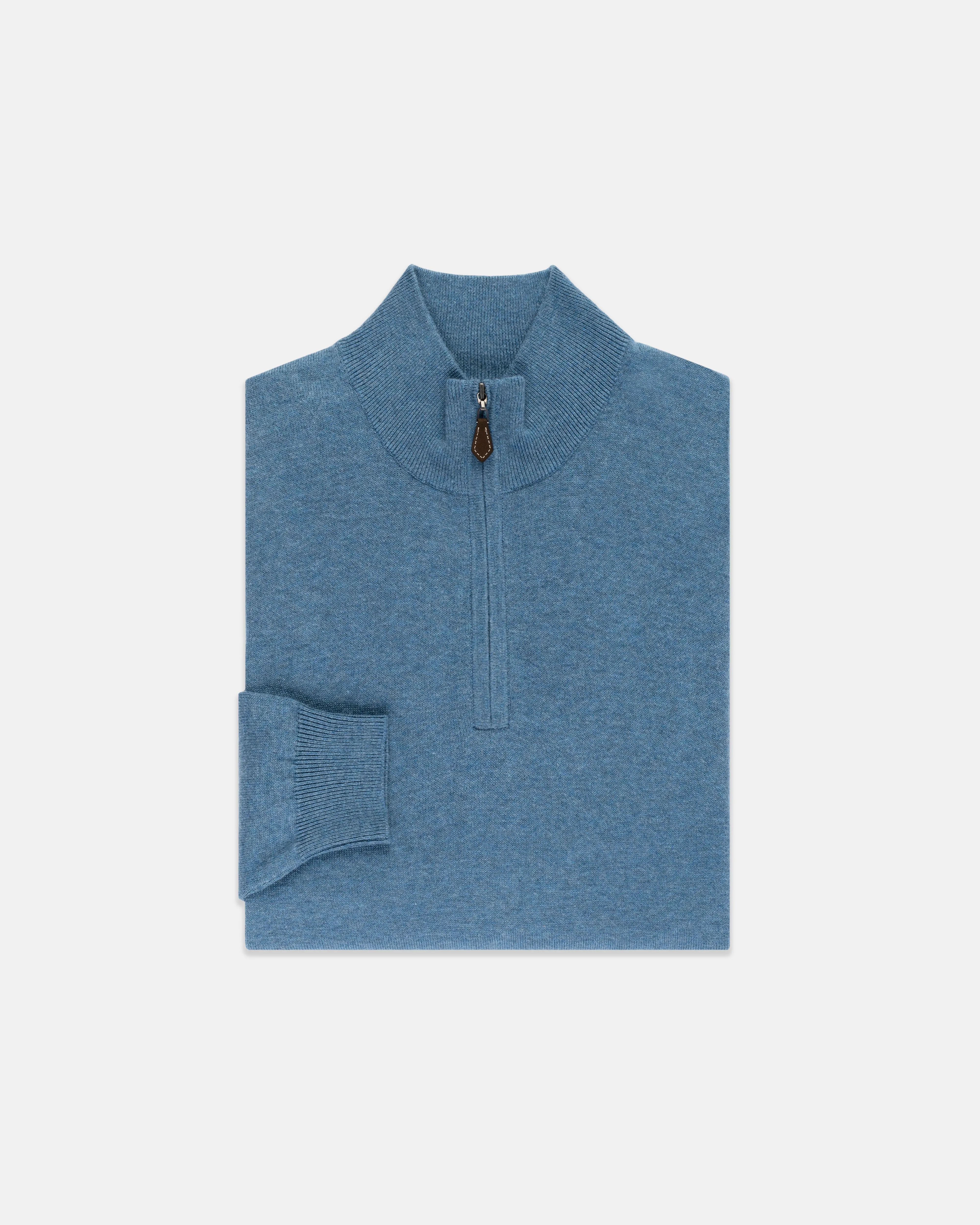 COTTON CASHMERE QUARTER ZIP UP - BLUE MARL