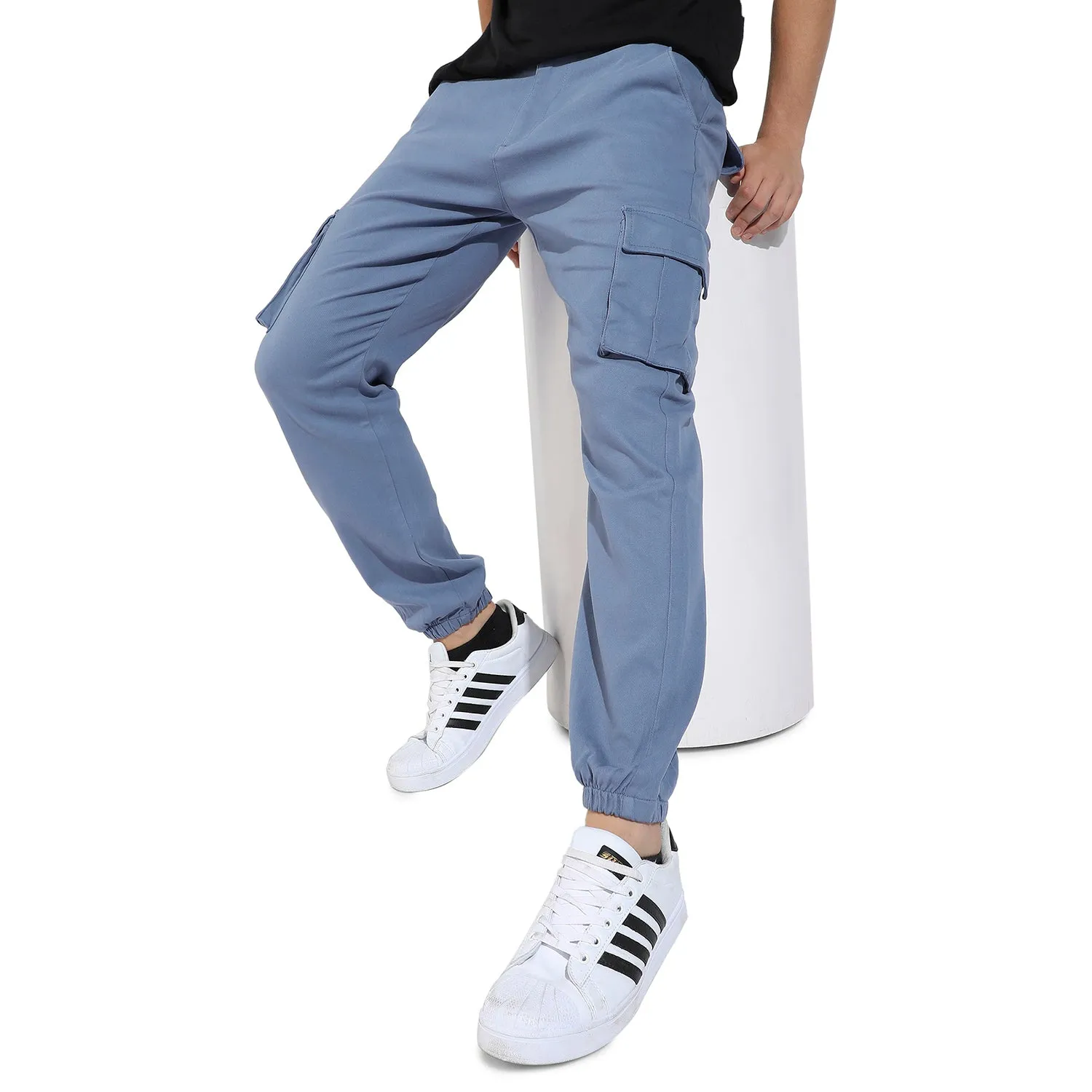 Cuffed Hem Solid Cargo Trousers