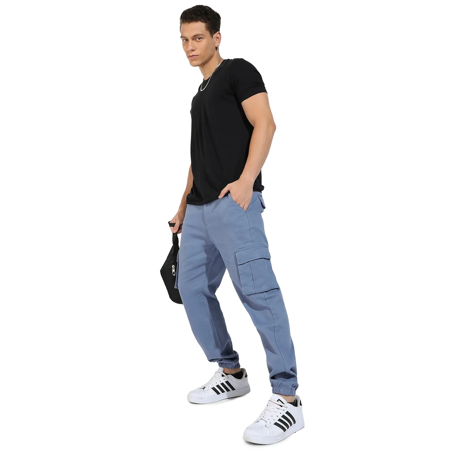 Cuffed Hem Solid Cargo Trousers