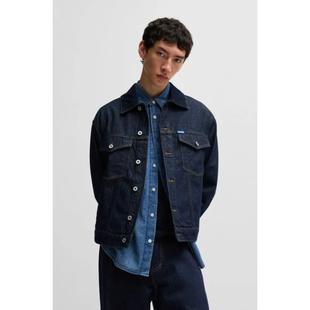 Dark-blue denim jacket with adjustable hem
