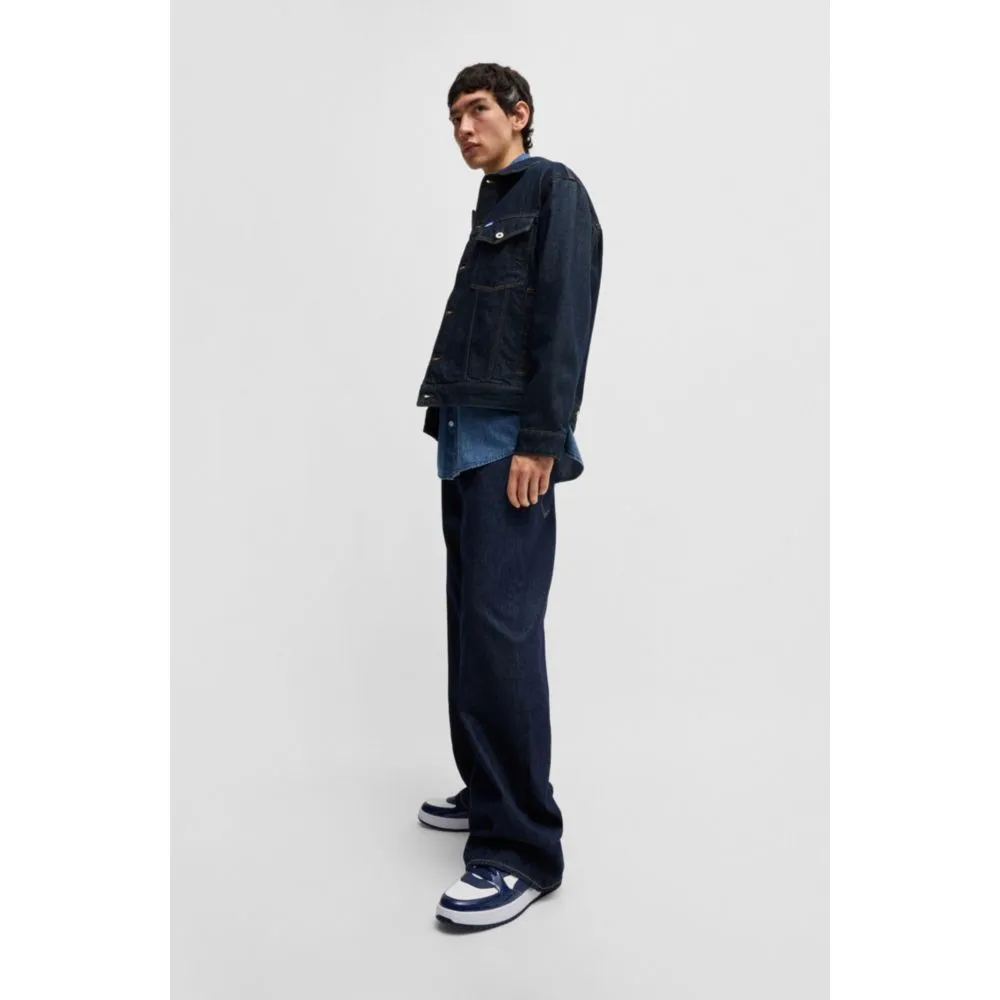 Dark-blue denim jacket with adjustable hem