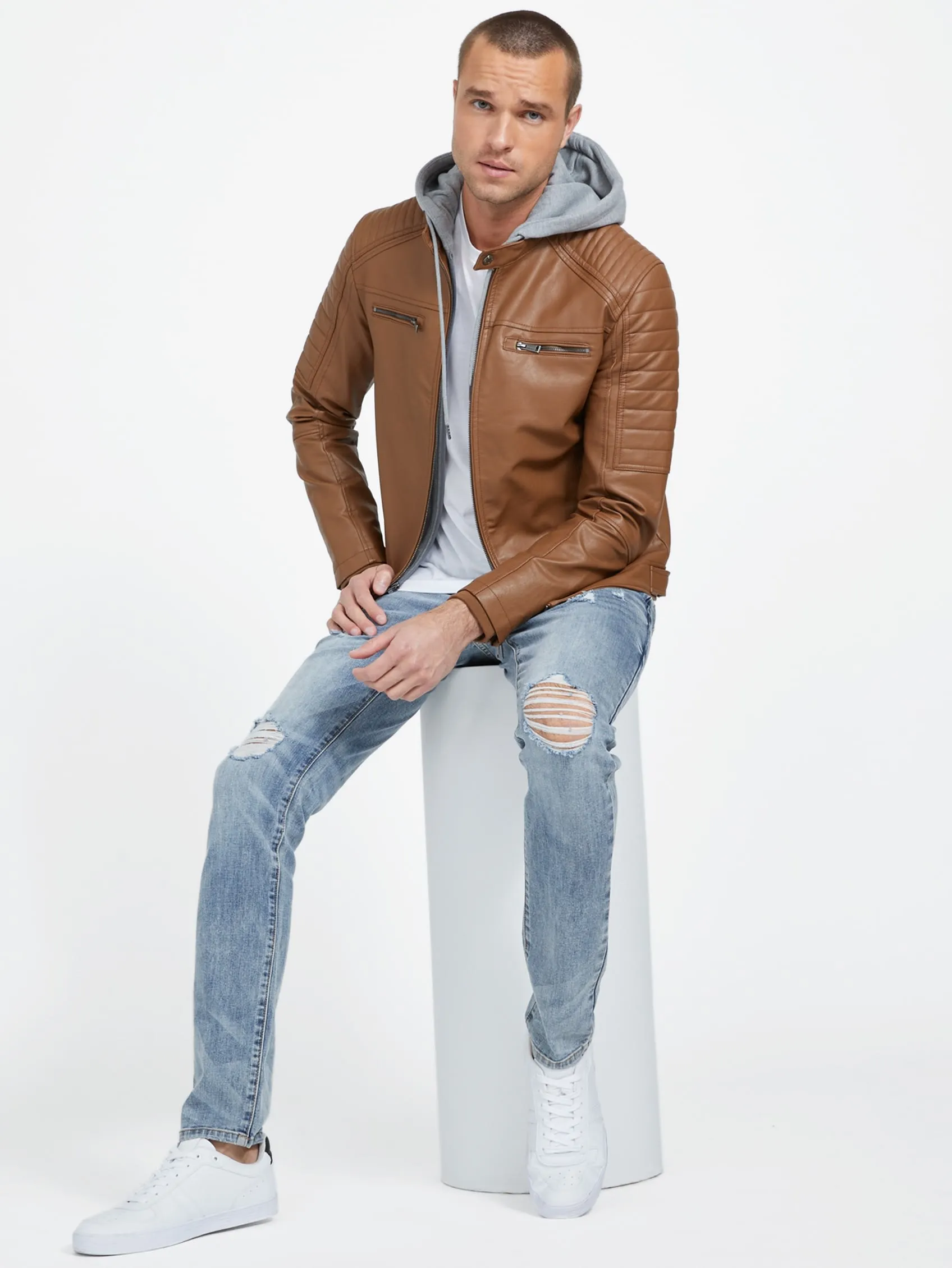 David Faux-Leather Hooded Jacket
