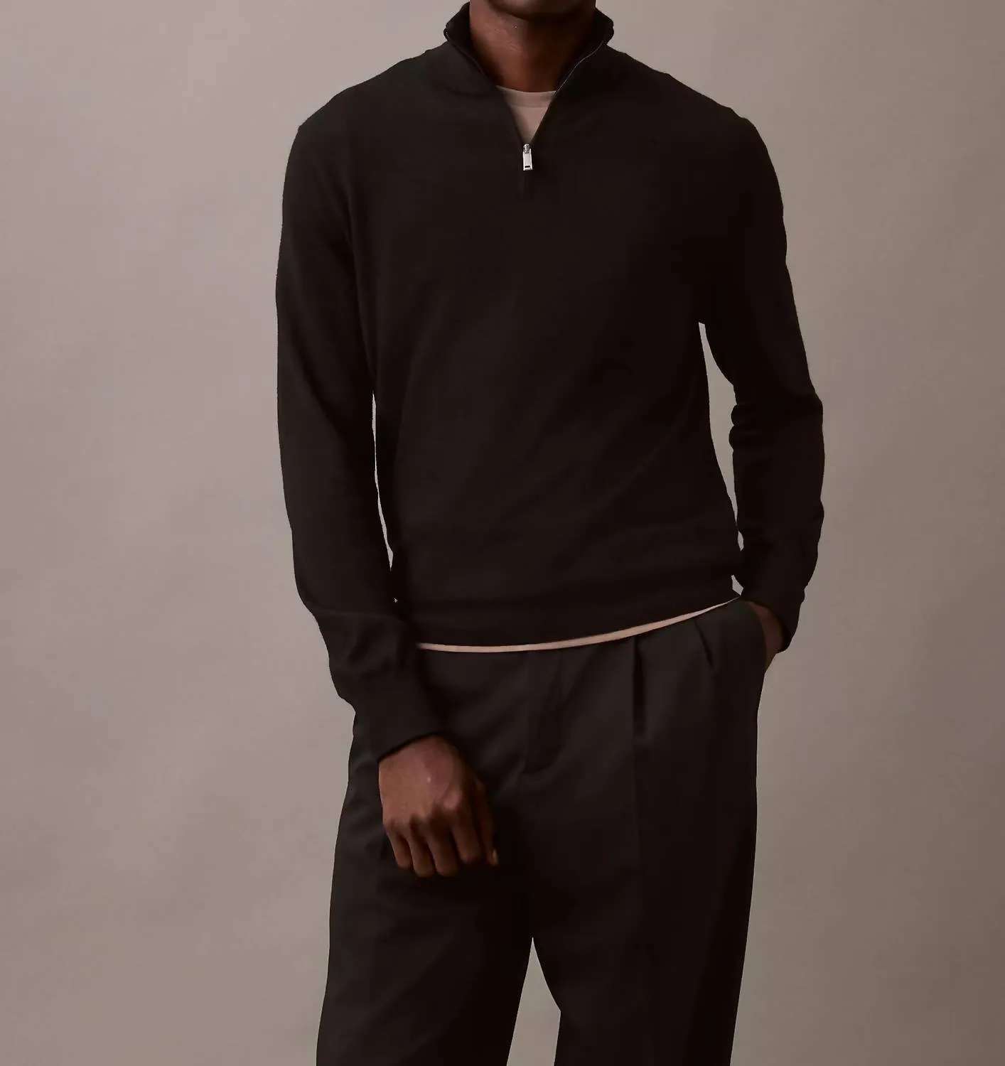 Fine Merino Wool Blend Quarter Zip Sweater In Black