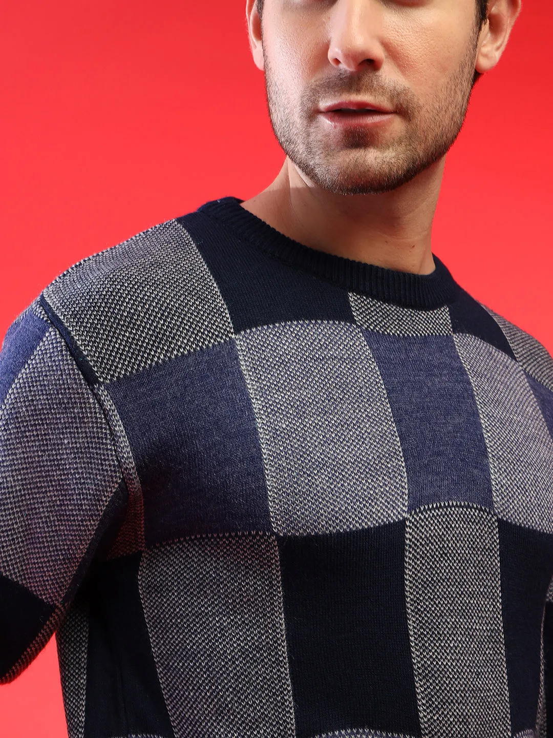 Men Blue Checked Pullover Sweater