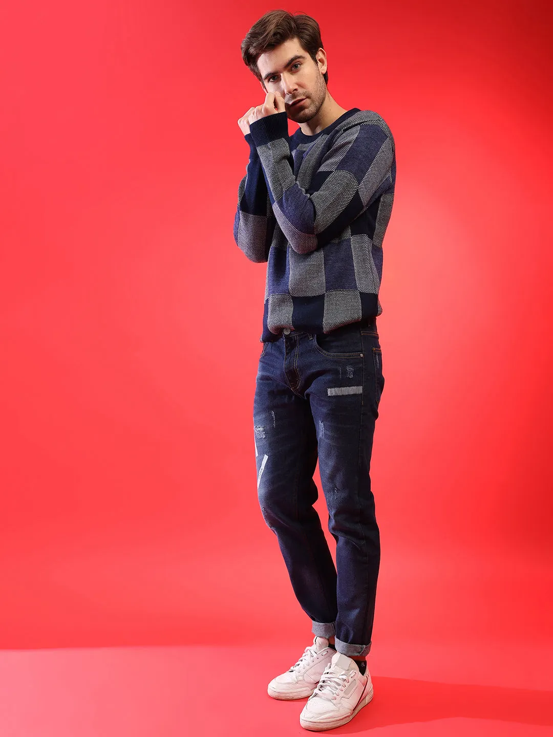 Men Blue Checked Pullover Sweater