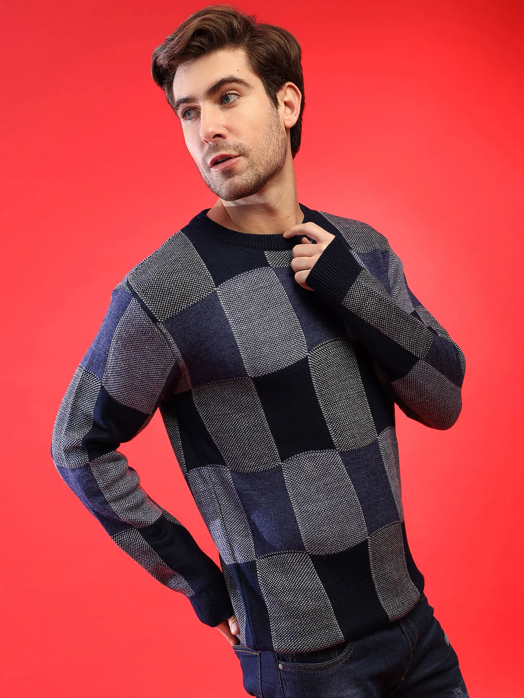Men Blue Checked Pullover Sweater