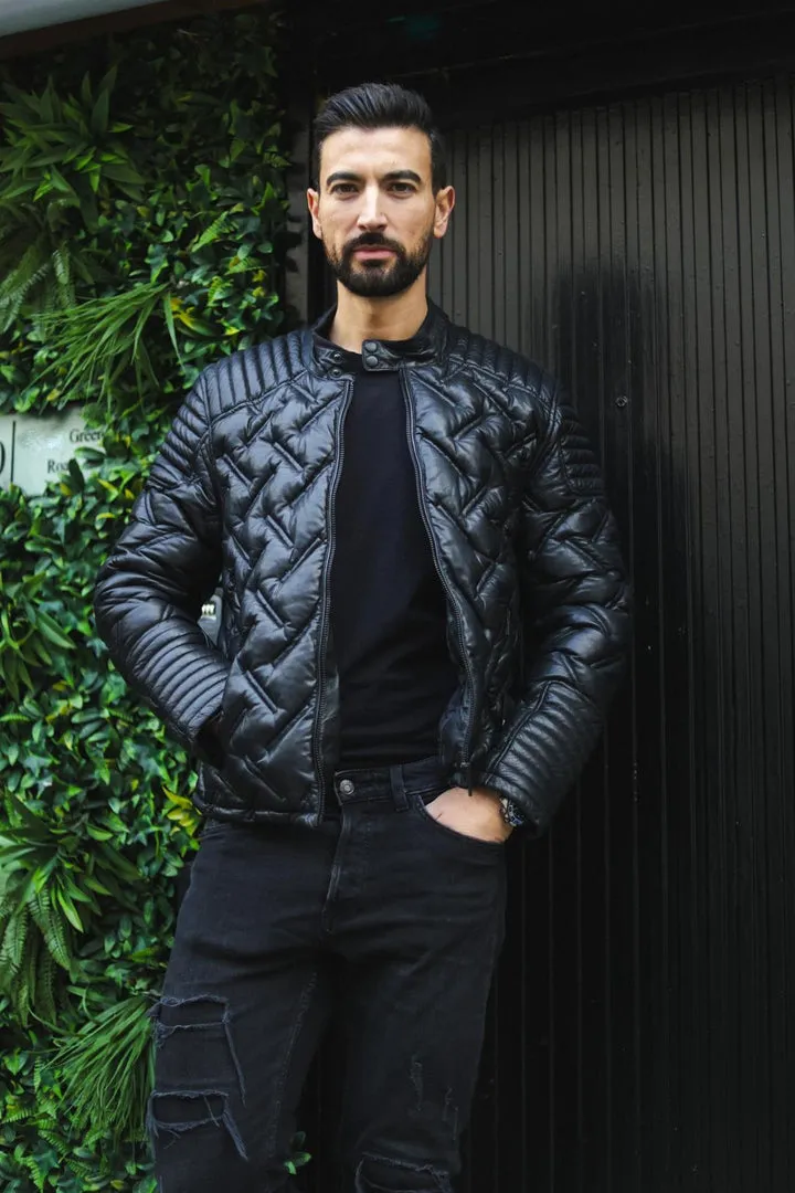 Men's Black Leather Quilted Biker Jacket - Manaus