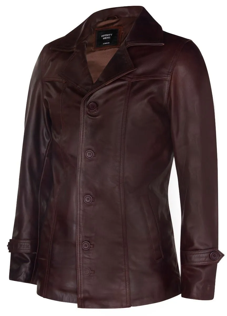 Mens Brown Vintage Trench Style Crombie Leather Coat-Macau