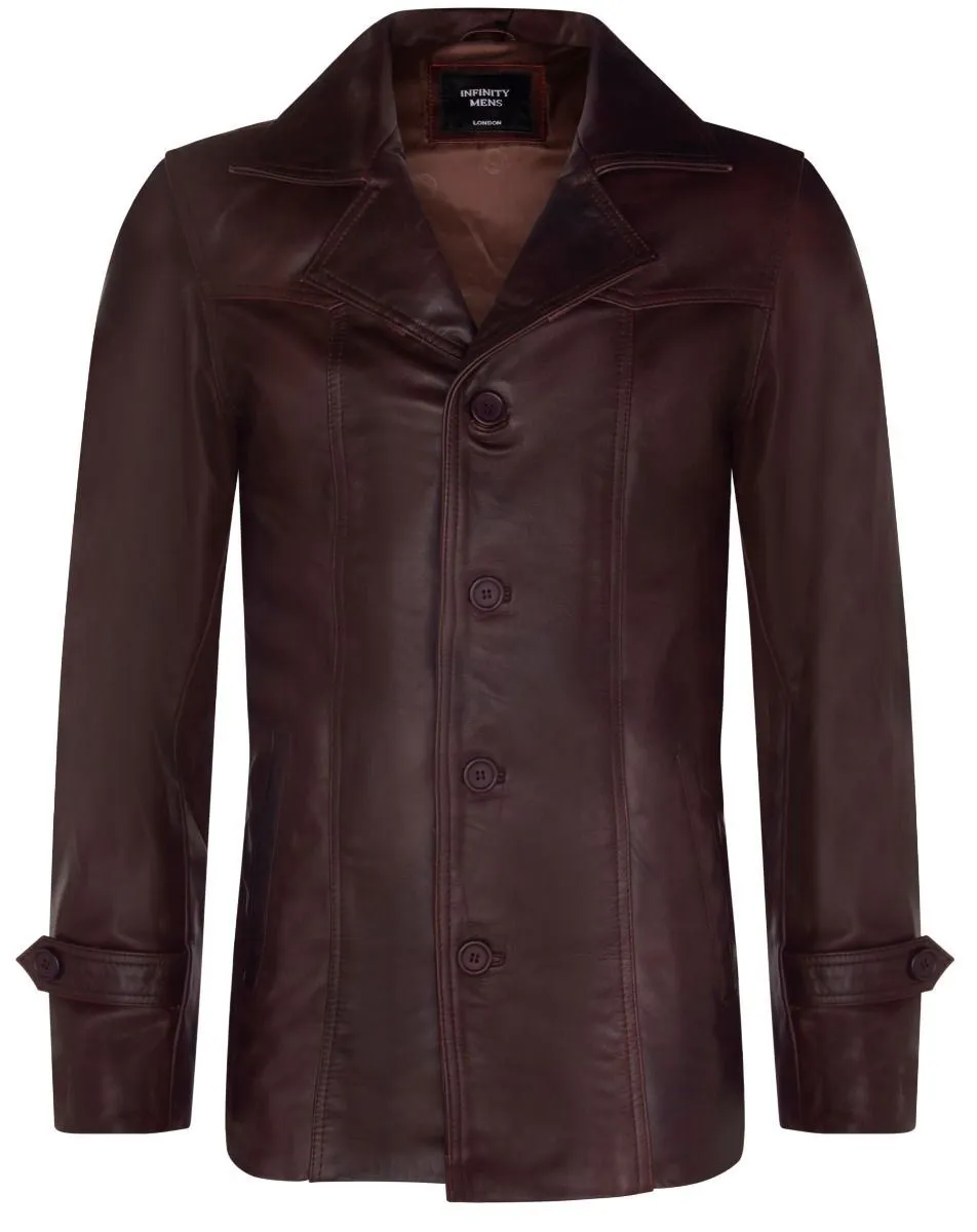 Mens Brown Vintage Trench Style Crombie Leather Coat-Macau