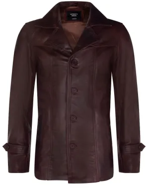 Mens Brown Vintage Trench Style Crombie Leather Coat-Macau