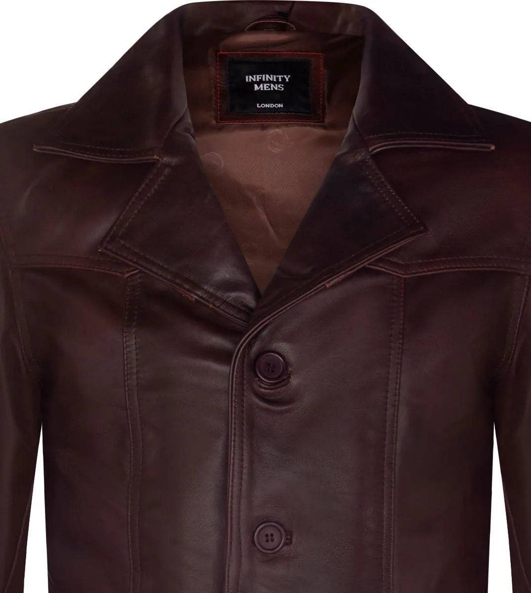 Mens Brown Vintage Trench Style Crombie Leather Coat-Macau