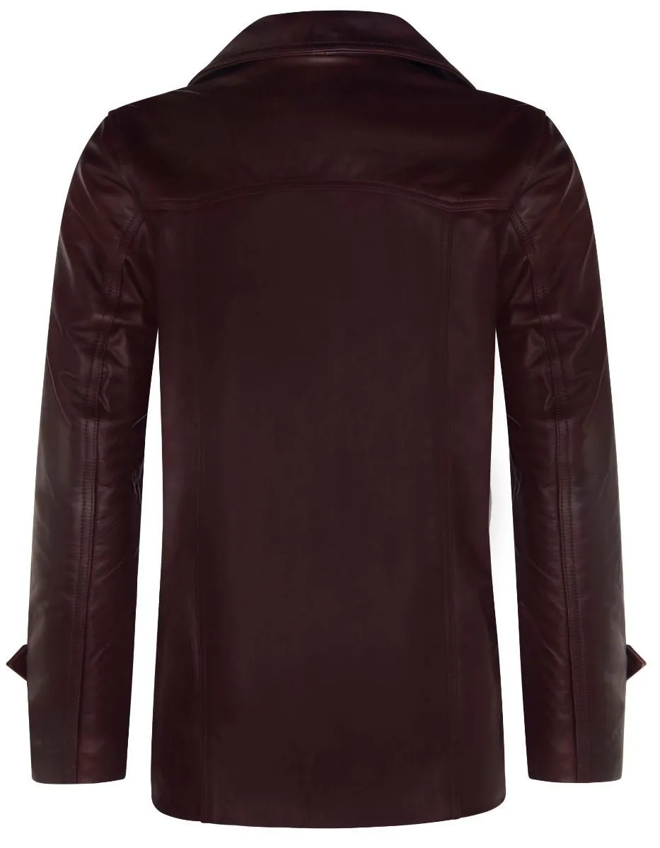 Mens Brown Vintage Trench Style Crombie Leather Coat-Macau