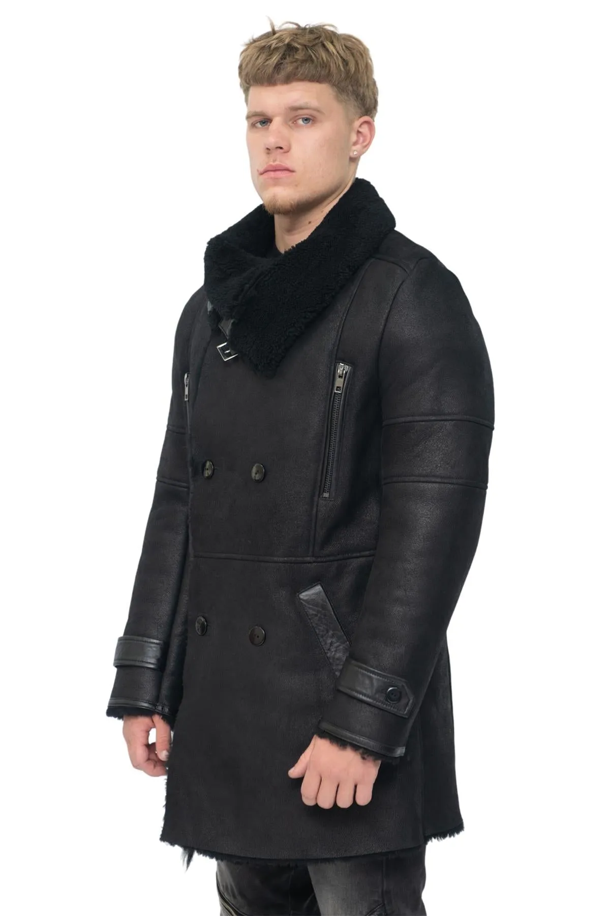 Mens Double Breasted Sheepskin Reefer Coat-Ledbury
