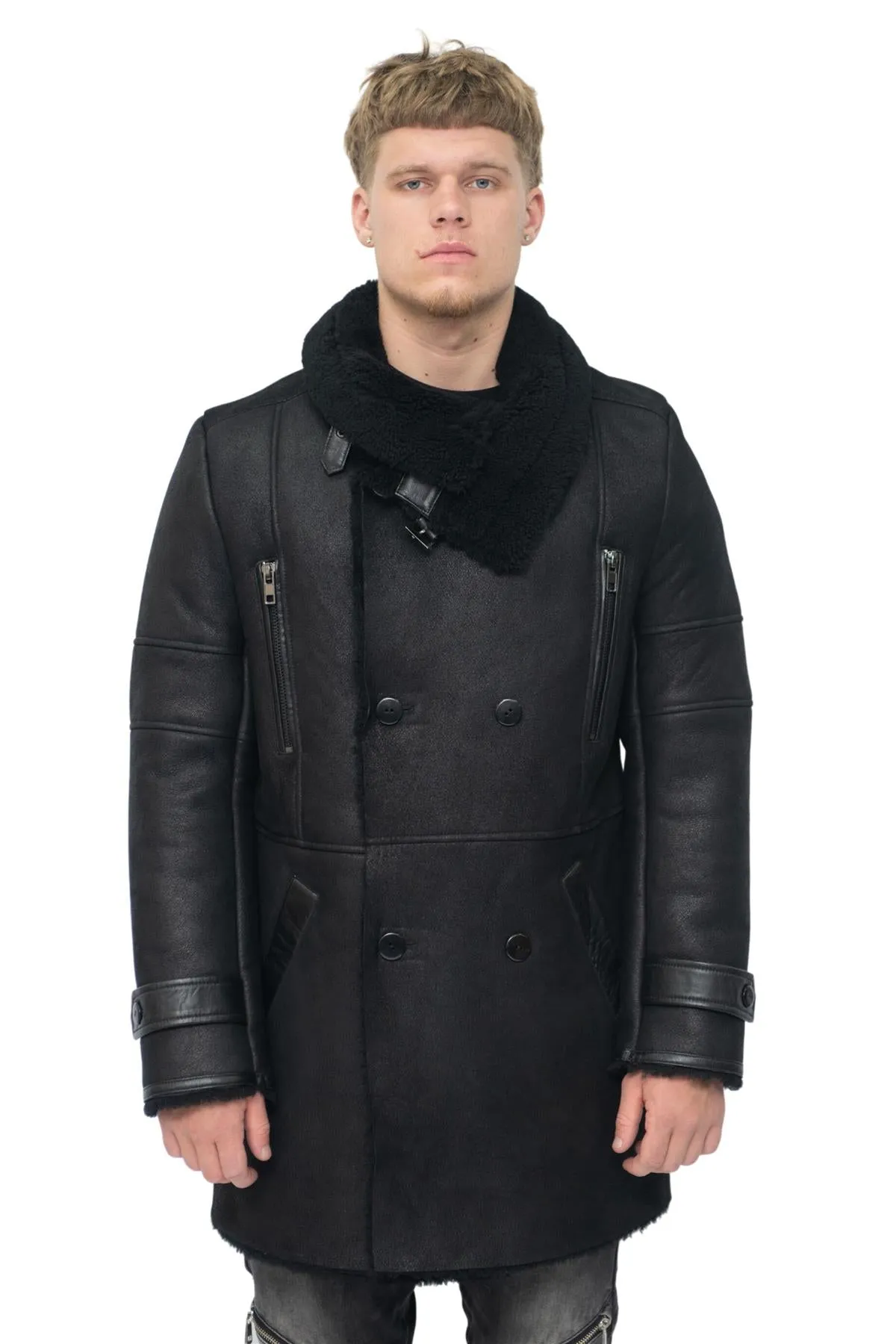 Mens Double Breasted Sheepskin Reefer Coat-Ledbury