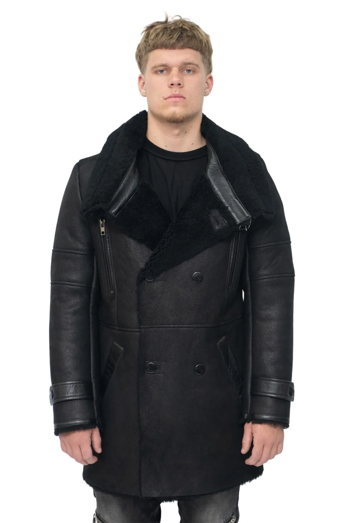 Mens Double Breasted Sheepskin Reefer Coat-Ledbury