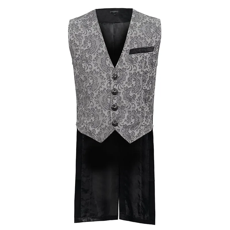 Men's Gothic Cashew Printed Swallow-tailed Waistcoat Grey
