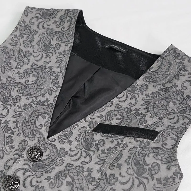 Men's Gothic Cashew Printed Swallow-tailed Waistcoat Grey