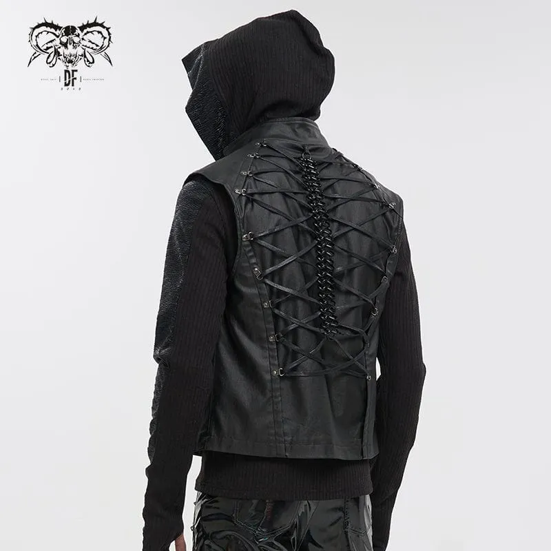 Men's Gothic Strappy Stand Collar Faux Leather Waistcoat