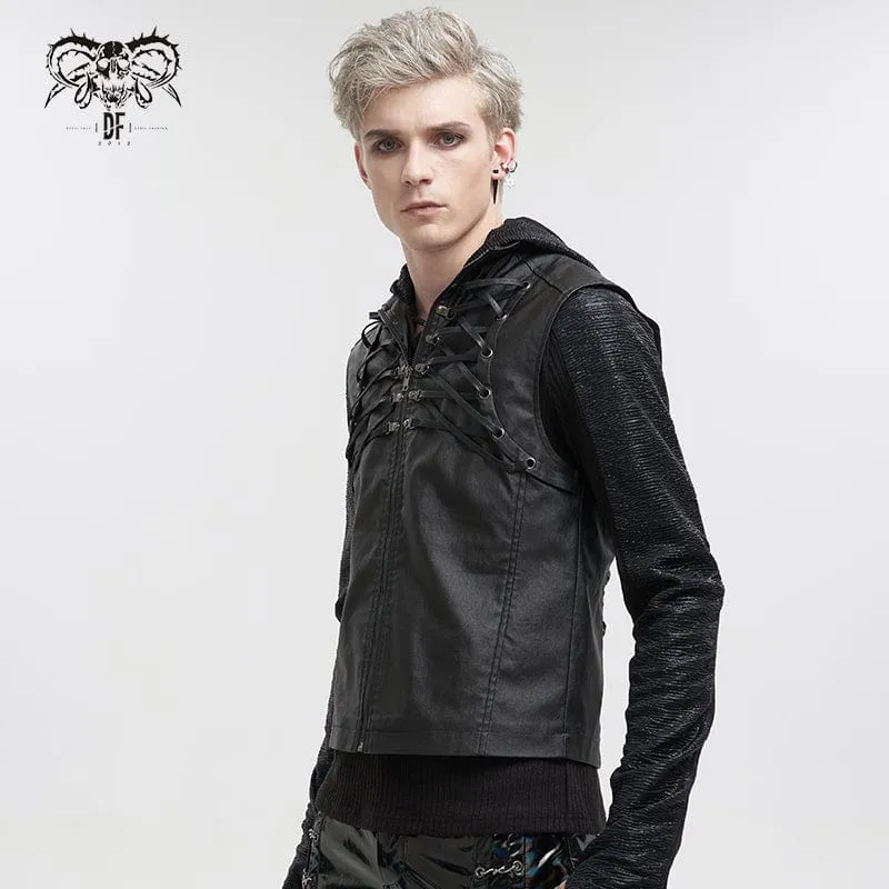 Men's Gothic Strappy Stand Collar Faux Leather Waistcoat