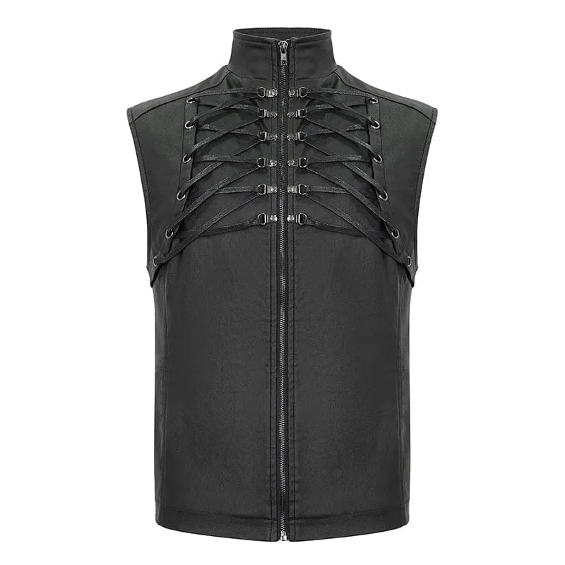 Men's Gothic Strappy Stand Collar Faux Leather Waistcoat