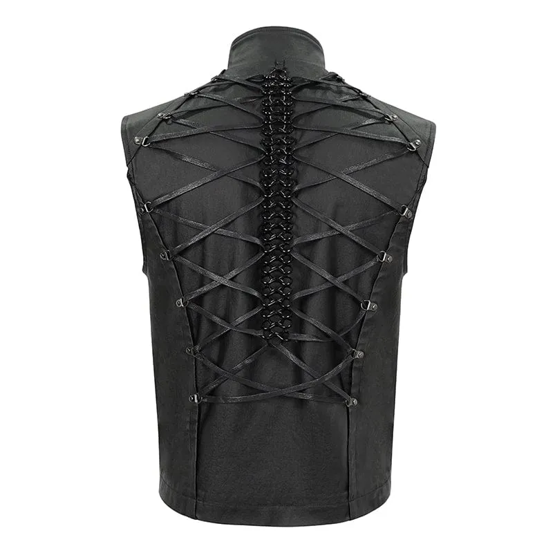 Men's Gothic Strappy Stand Collar Faux Leather Waistcoat