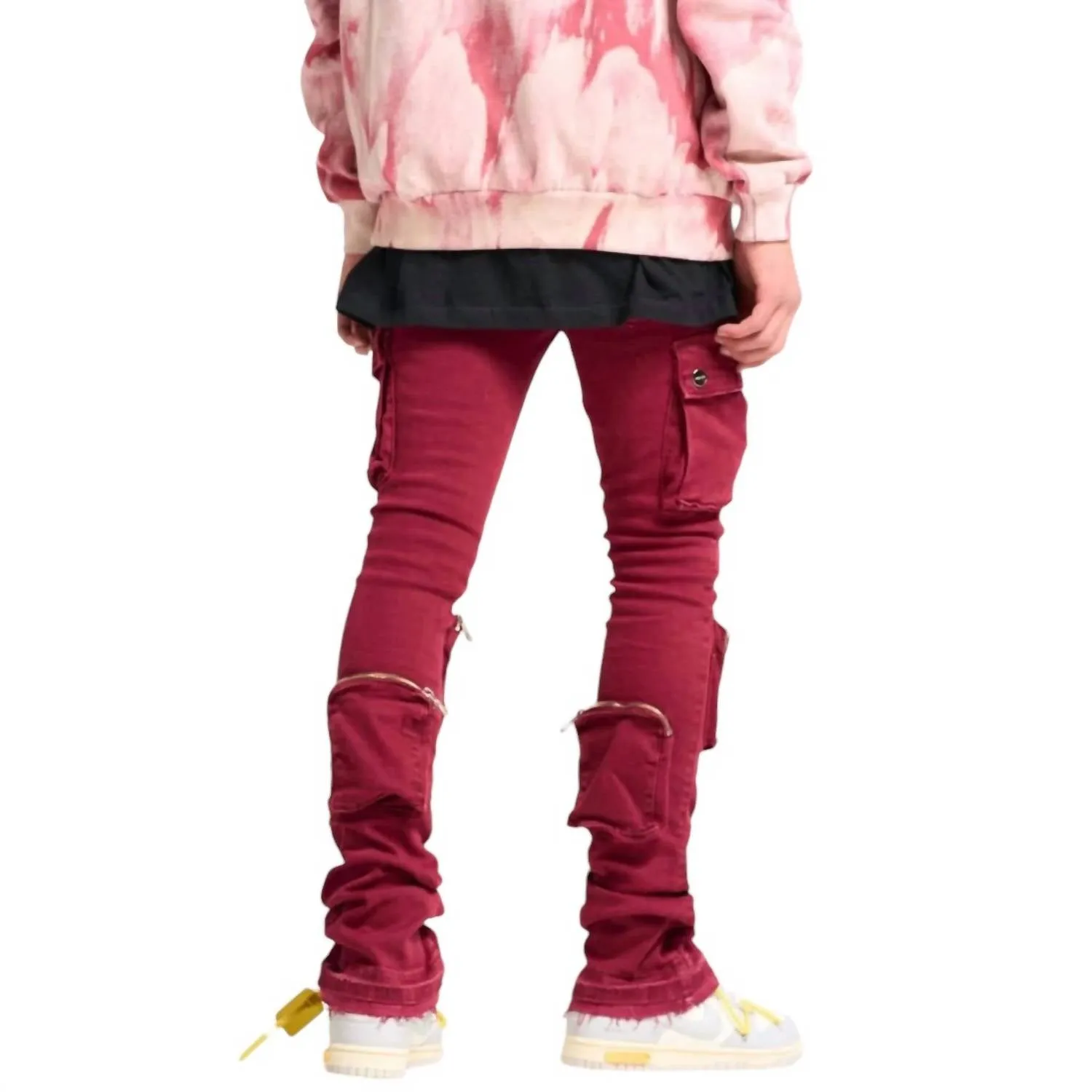 Men's Never Look Back Cargo Flare Stack Denim Jean In Burgundy