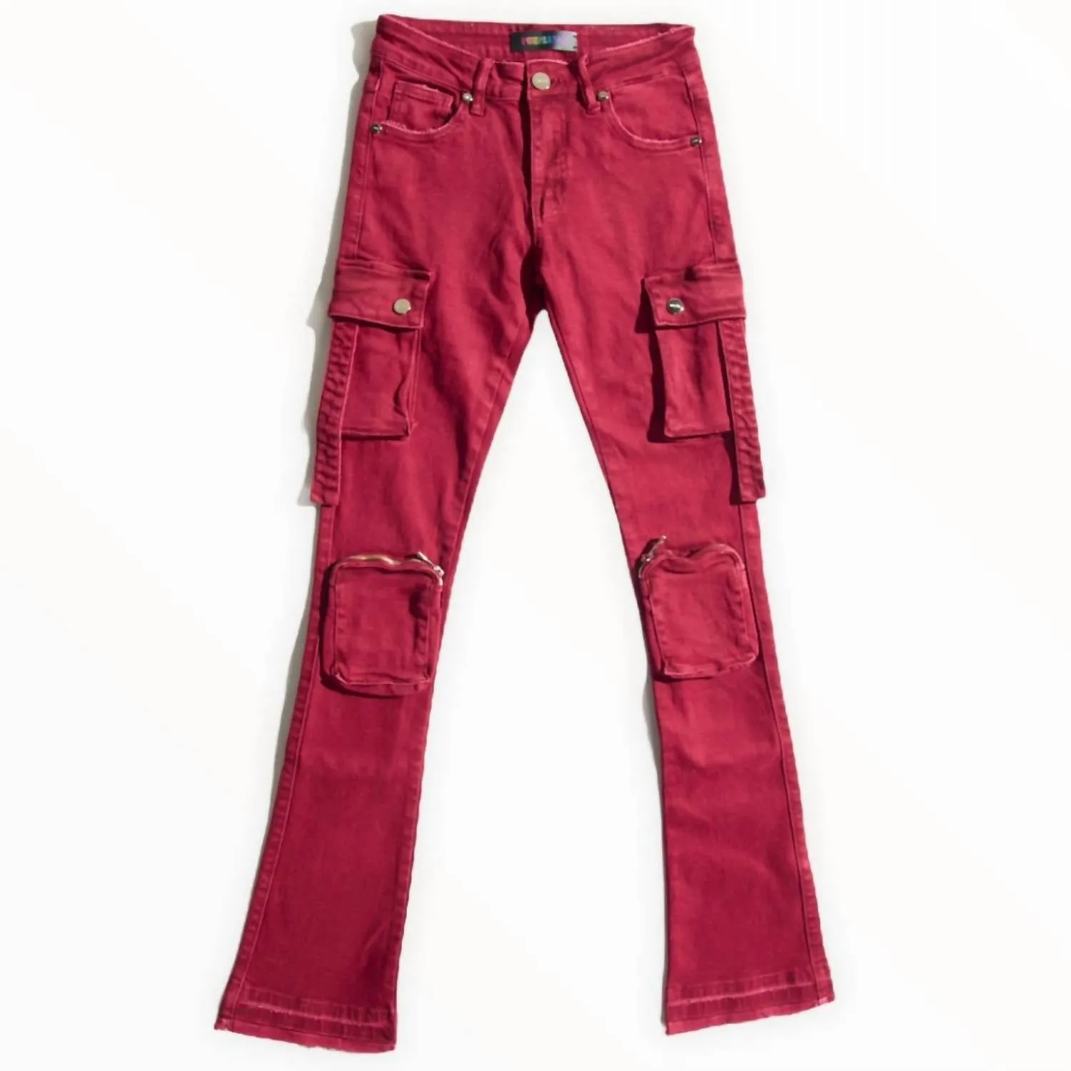 Men's Never Look Back Cargo Flare Stack Denim Jean In Burgundy