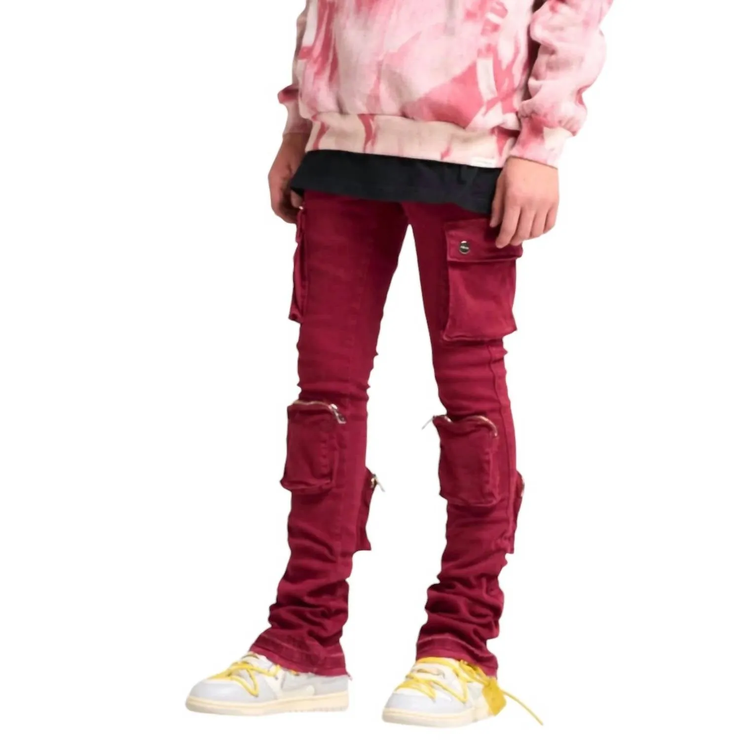 Men's Never Look Back Cargo Flare Stack Denim Jean In Burgundy