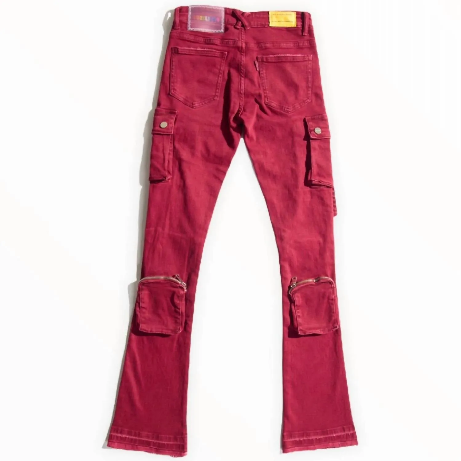 Men's Never Look Back Cargo Flare Stack Denim Jean In Burgundy