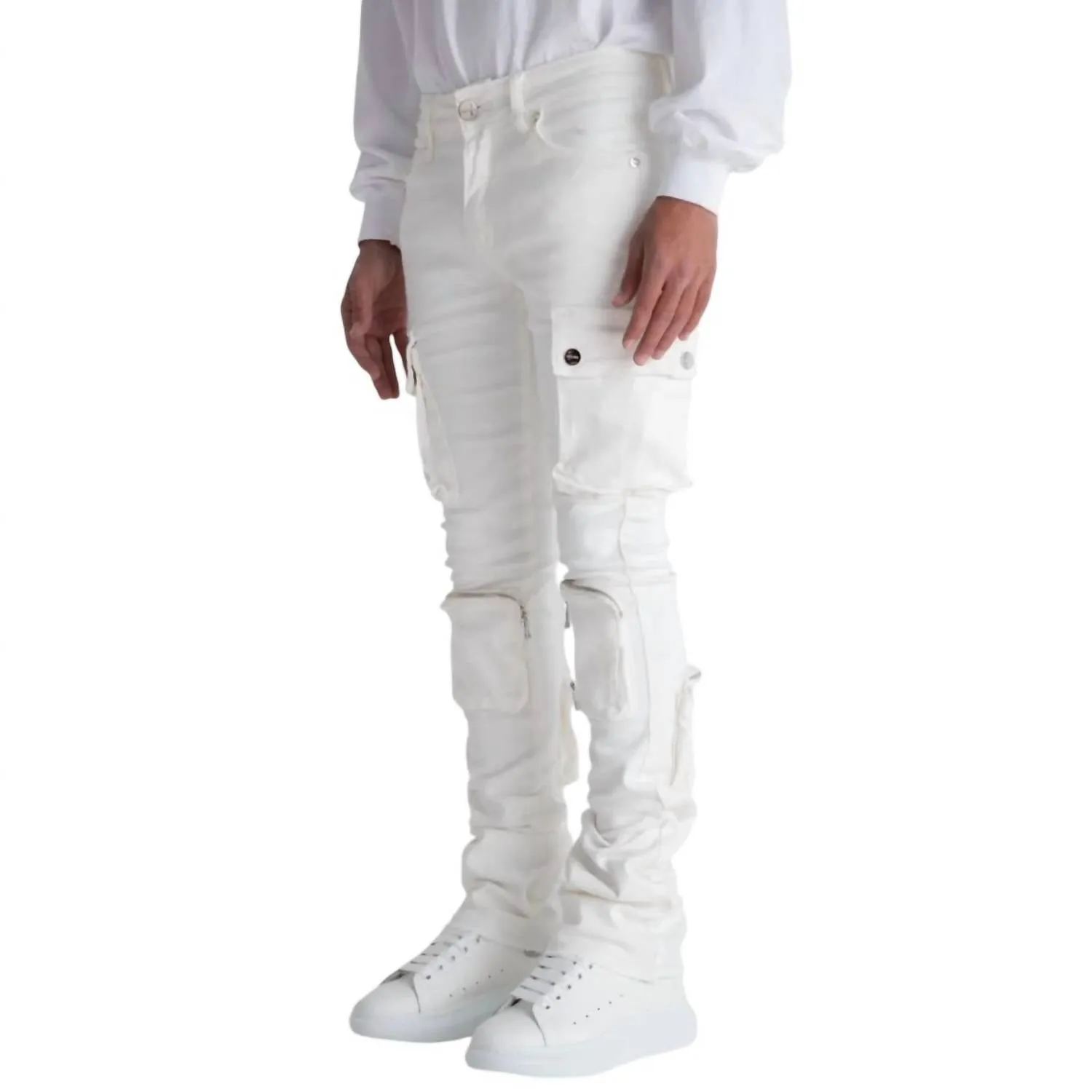 Men's Never Look Back Cargo Flare Stack Denim Jean In White