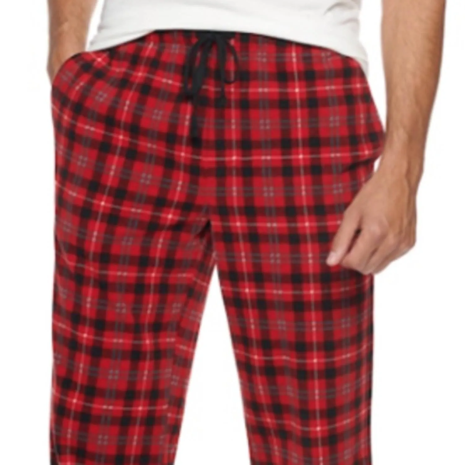 Men's Plaid Microfleece Pajama Sleepwear Pants In Red/black