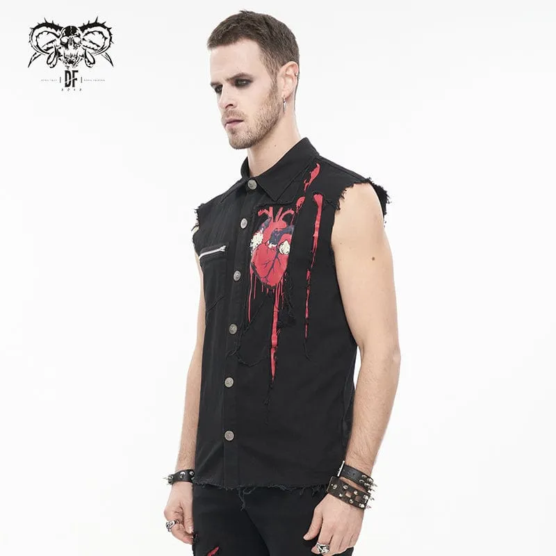 Men's Punk Heart Printed Ripped Unedged Vest