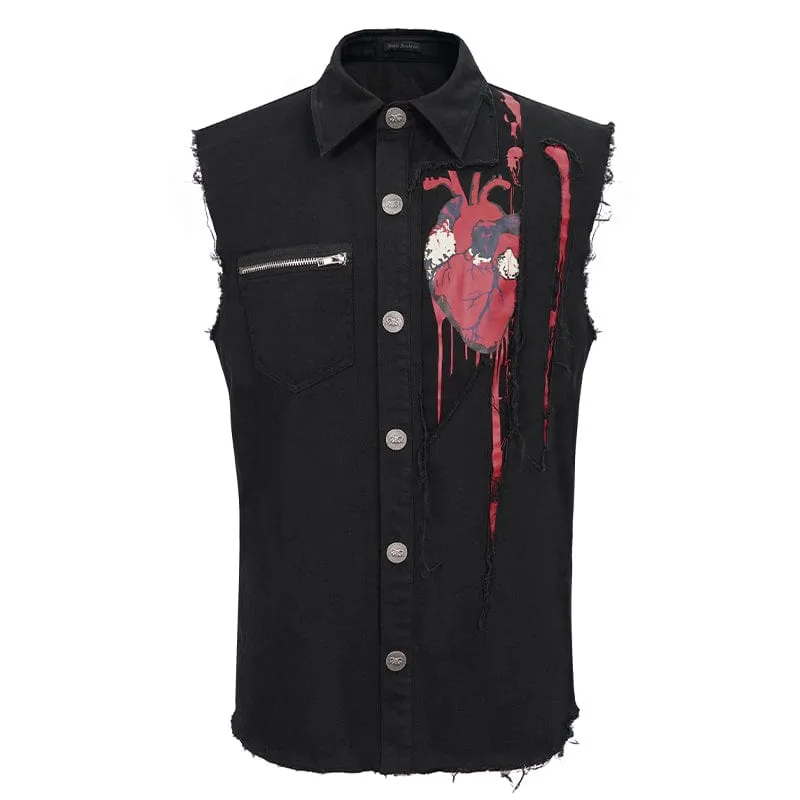 Men's Punk Heart Printed Ripped Unedged Vest