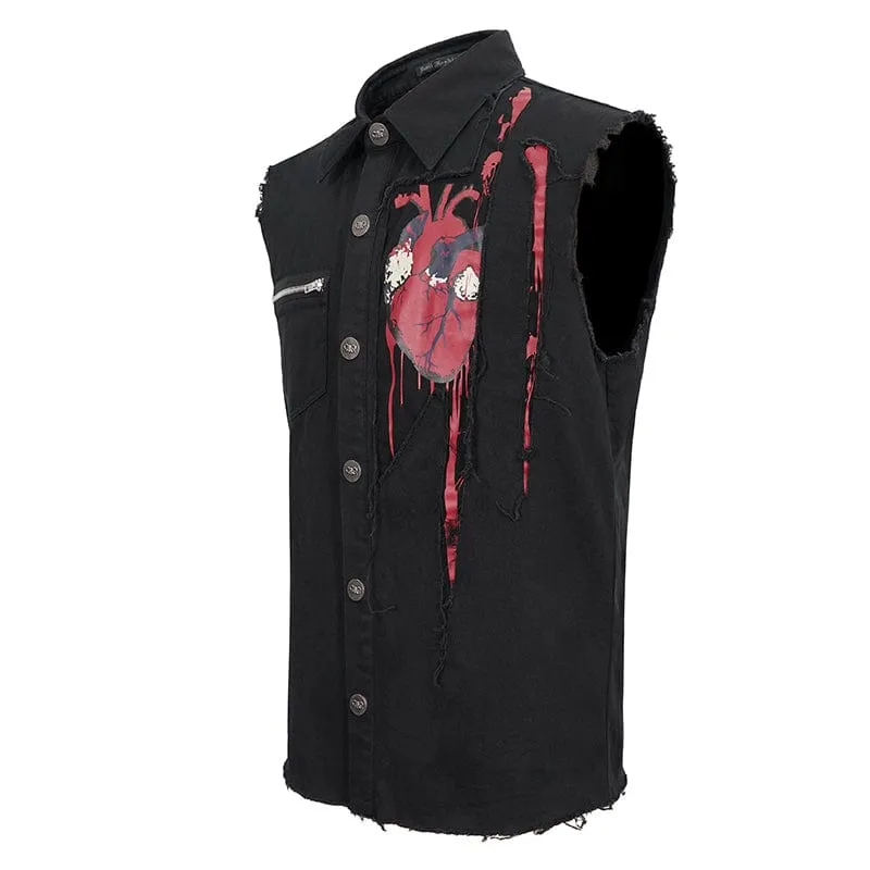 Men's Punk Heart Printed Ripped Unedged Vest