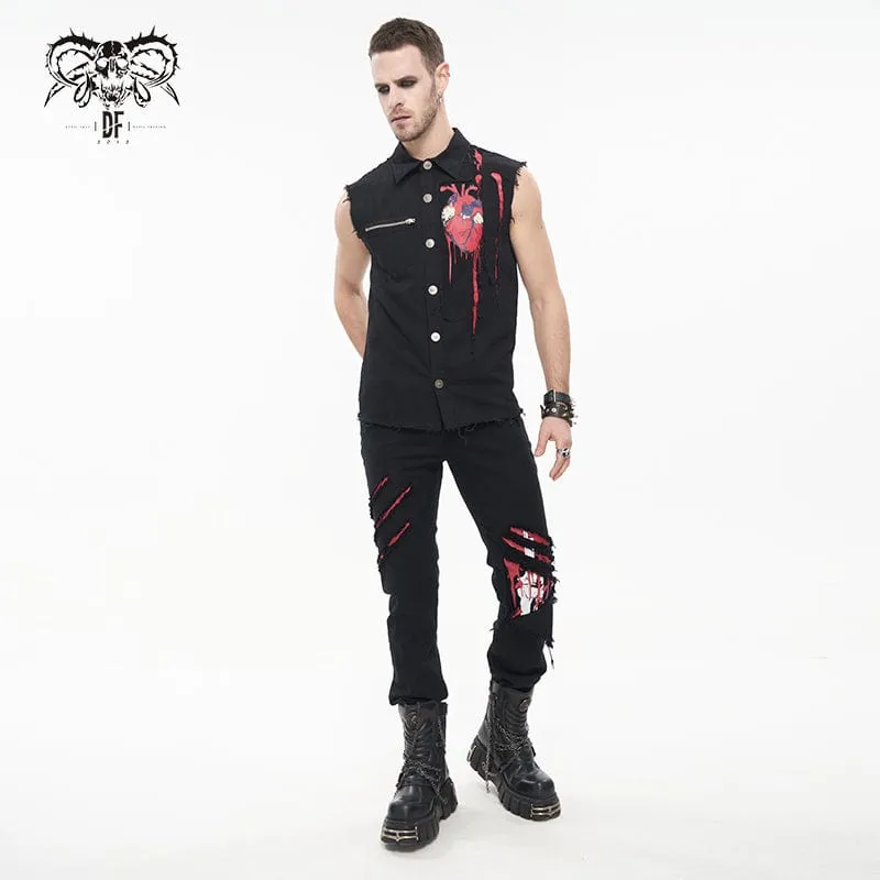 Men's Punk Heart Printed Ripped Unedged Vest