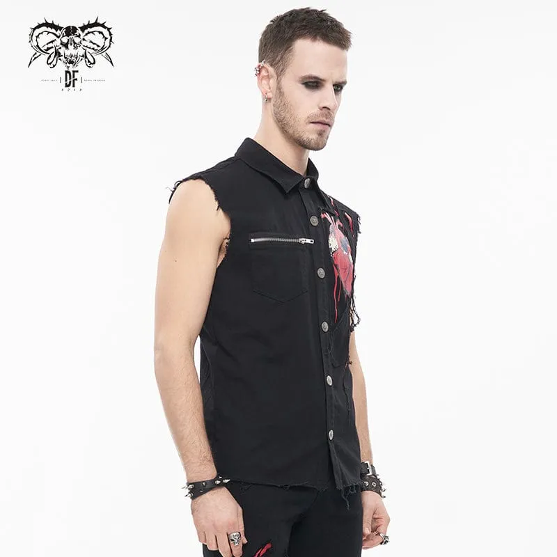 Men's Punk Heart Printed Ripped Unedged Vest