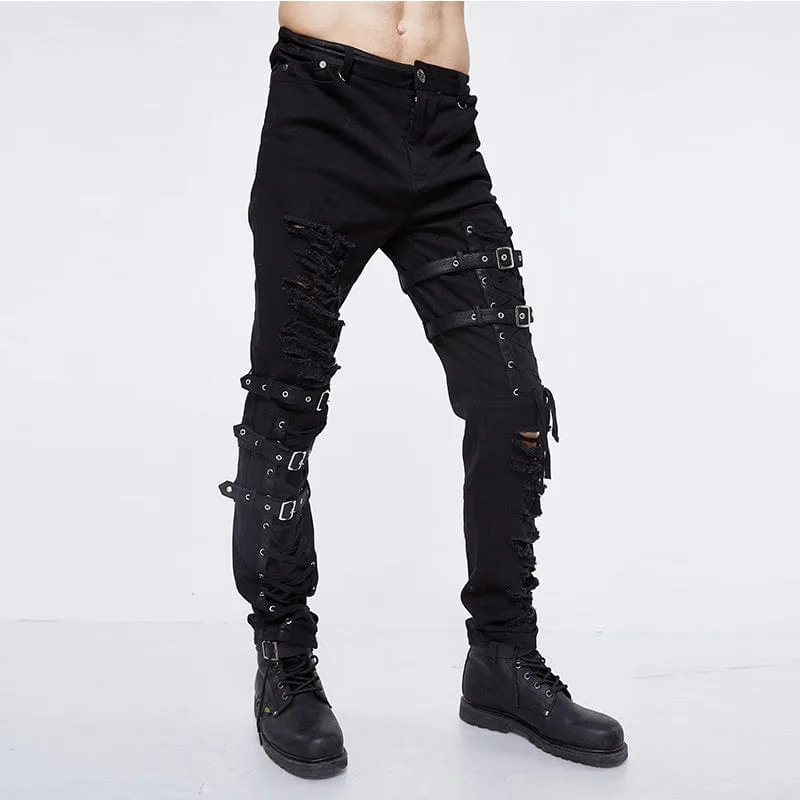 Men's Punk Ripped Straps Straight-leg Pants