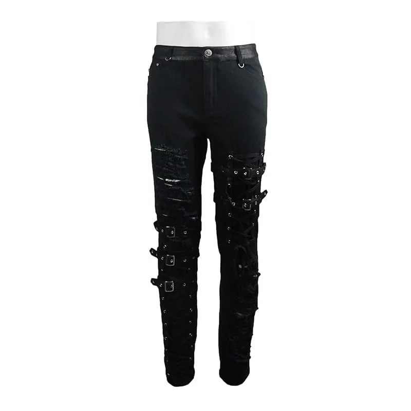 Men's Punk Ripped Straps Straight-leg Pants