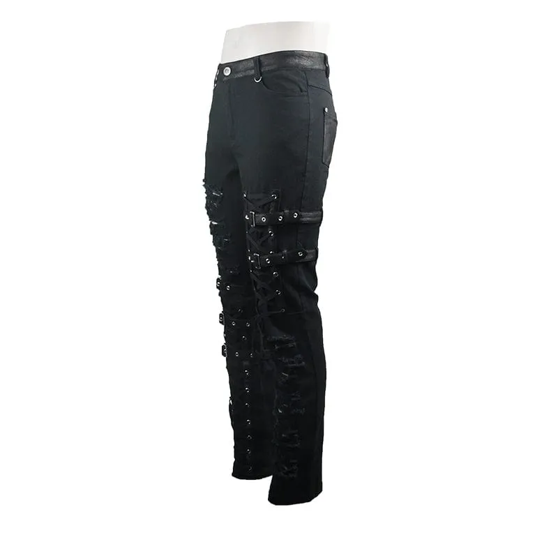 Men's Punk Ripped Straps Straight-leg Pants
