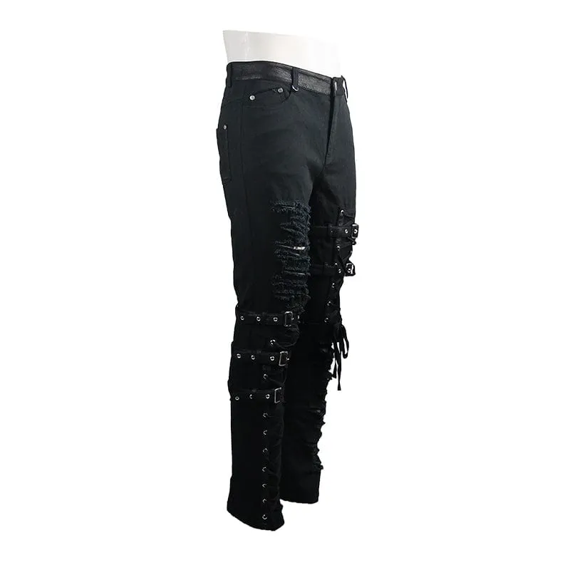 Men's Punk Ripped Straps Straight-leg Pants