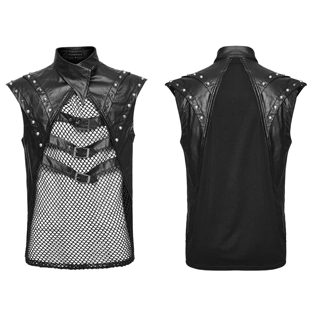 Men's Punk Splice Mesh Faux Leather Vest