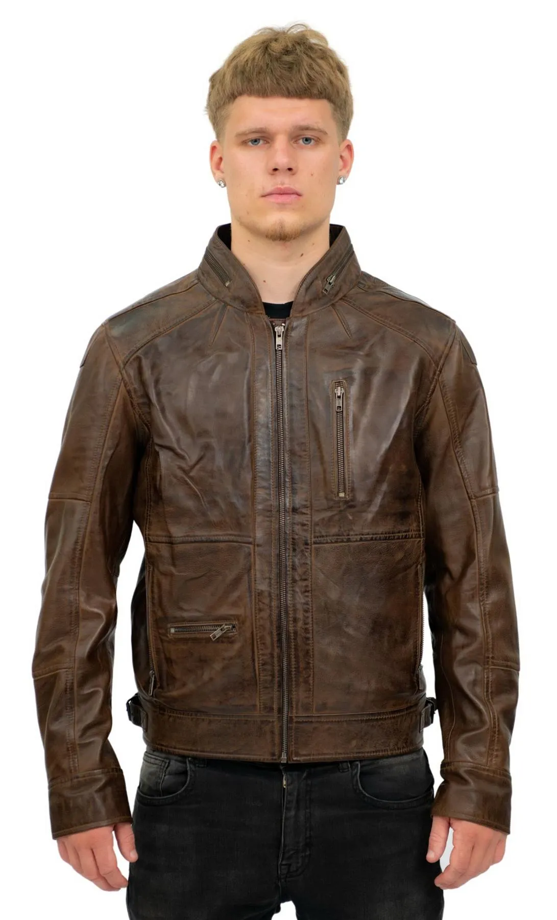 Mens Retro Biker Leather Jacket-Sydney