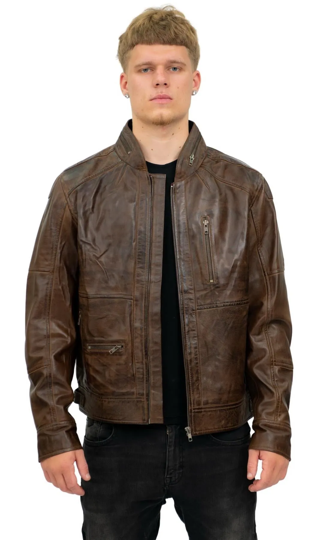 Mens Retro Biker Leather Jacket-Sydney